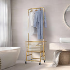 Rolling Laundry Cart with Wheels, Laundry Hamper Basket Organizer with Clothes Hanging Rack, Wire Storage Cloth Shelf