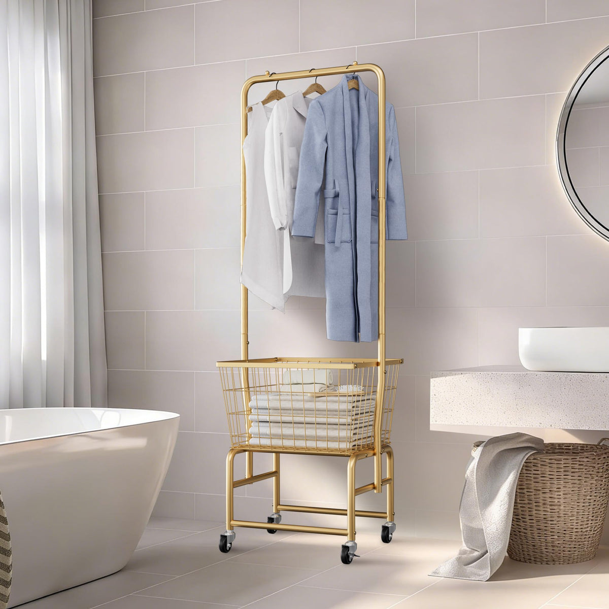 Rolling Laundry Cart with Wheels, Laundry Hamper Basket Organizer with Clothes Hanging Rack, Wire Storage Cloth Shelf