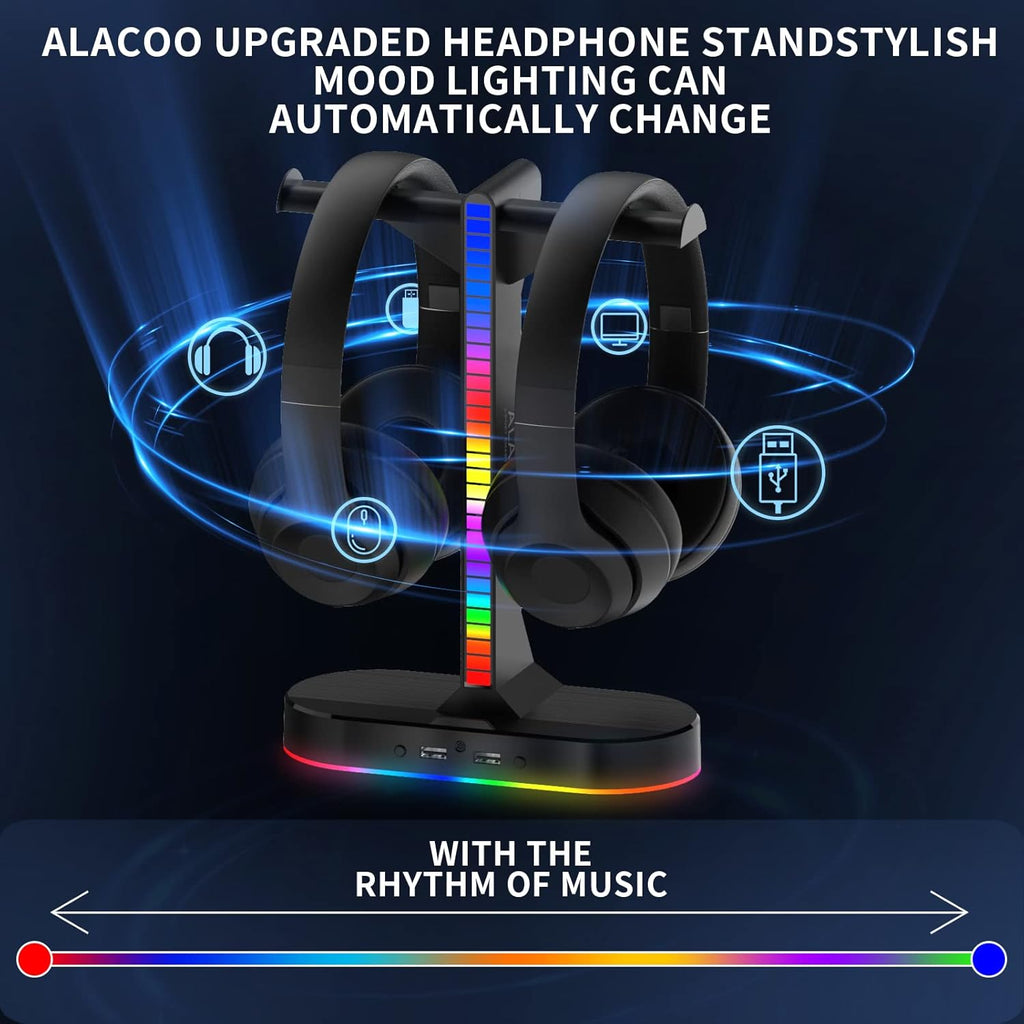 RGB Headphone Stand - Dual Gaming Headset Holder with 3 USB Charging Station and 3.5mm Audio Port,8 Light Modes