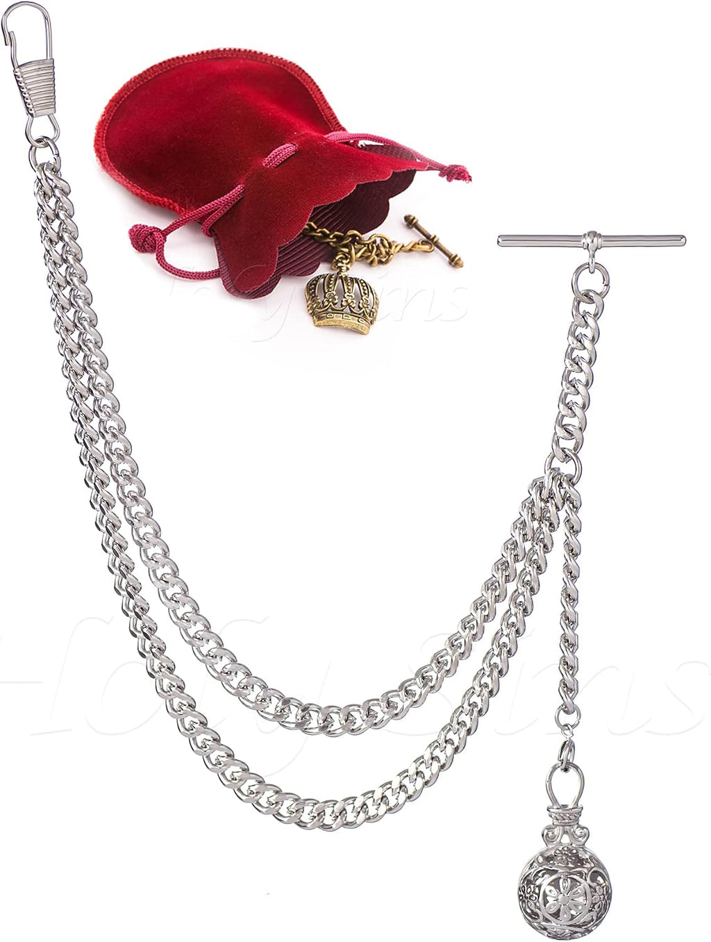 Handmade in The UK Silver Colour Single Albert Pocket Watch Chain with Pendant