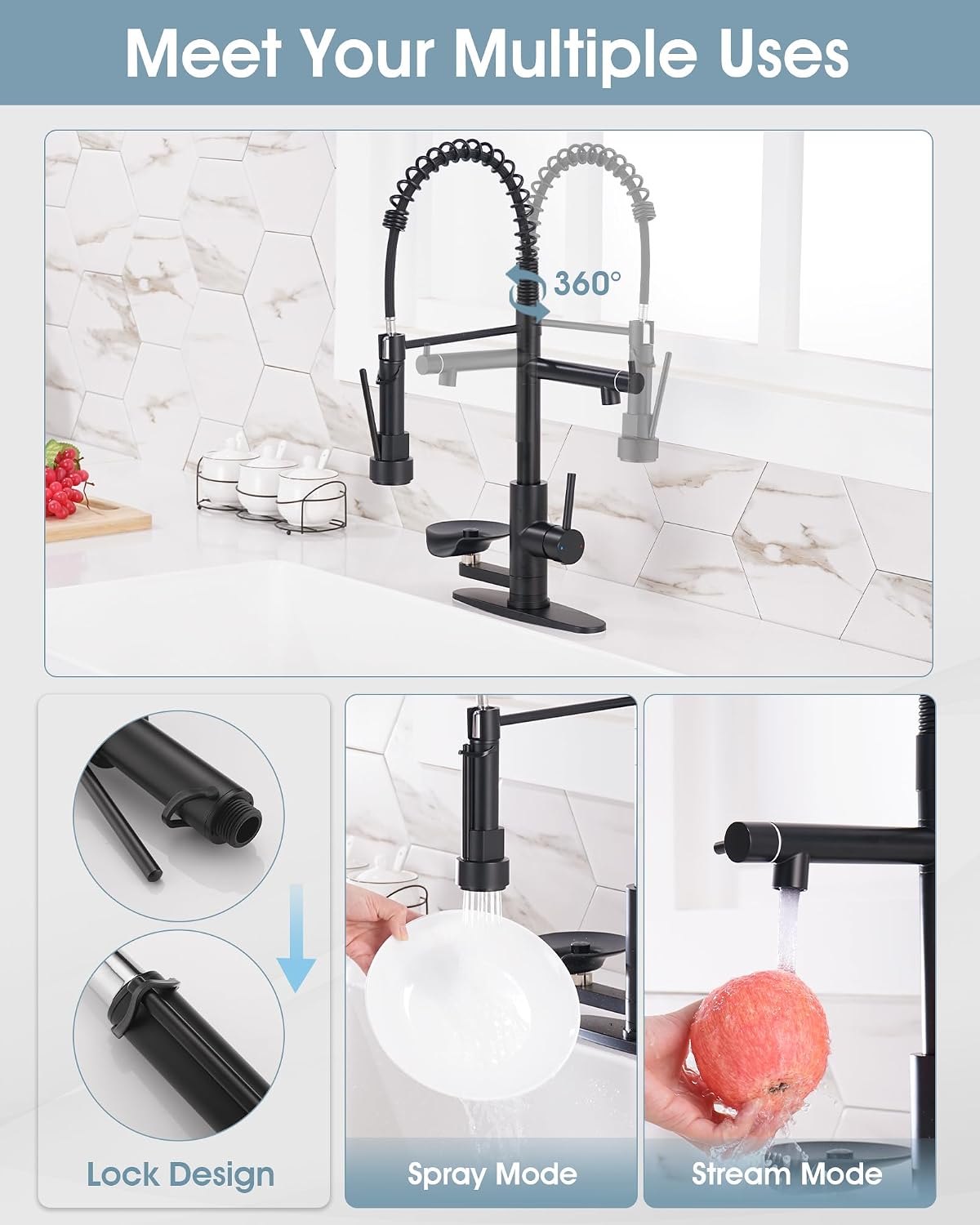 Kitchen Sink Fuacet with Glass Rinser, Single Handle Kitchen Faucet with Pot Filler, Pull Down Sparyer, Deck Plate