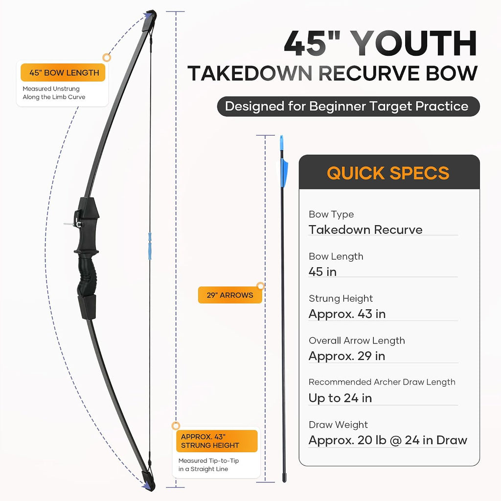 40" Youth Bow and Arrow Set for Kids 8-12 & Teens - Ambidextrous Recurve Archery Gear with Safety Arrows - Toys for