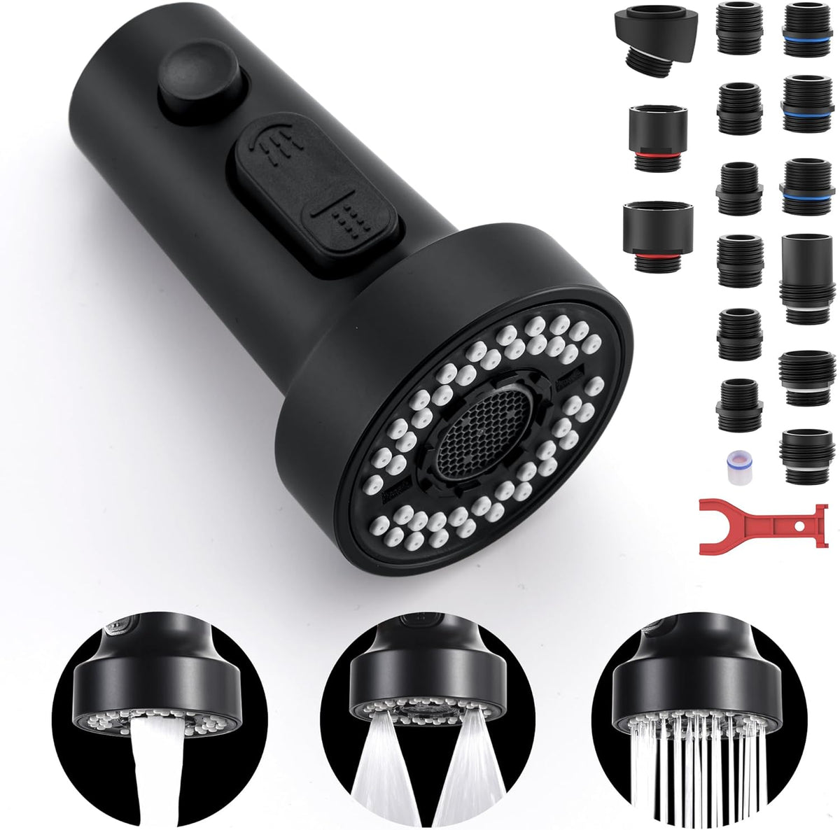Kitchen Faucet Head Replacement Black, with 15 Adapters Plastic Pull Down Faucet Spray Head, 3 Modes Pull Out Kitchen