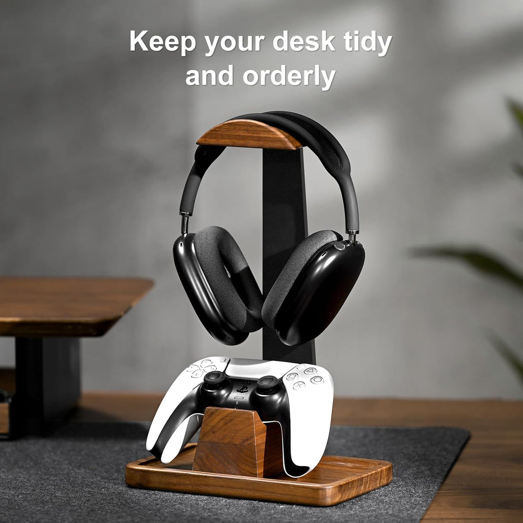 Walnut Headphone Stand with Controller Holder & Storage Base | Solid Wood Grain, Gear & Charger Storage, Gamer Gift