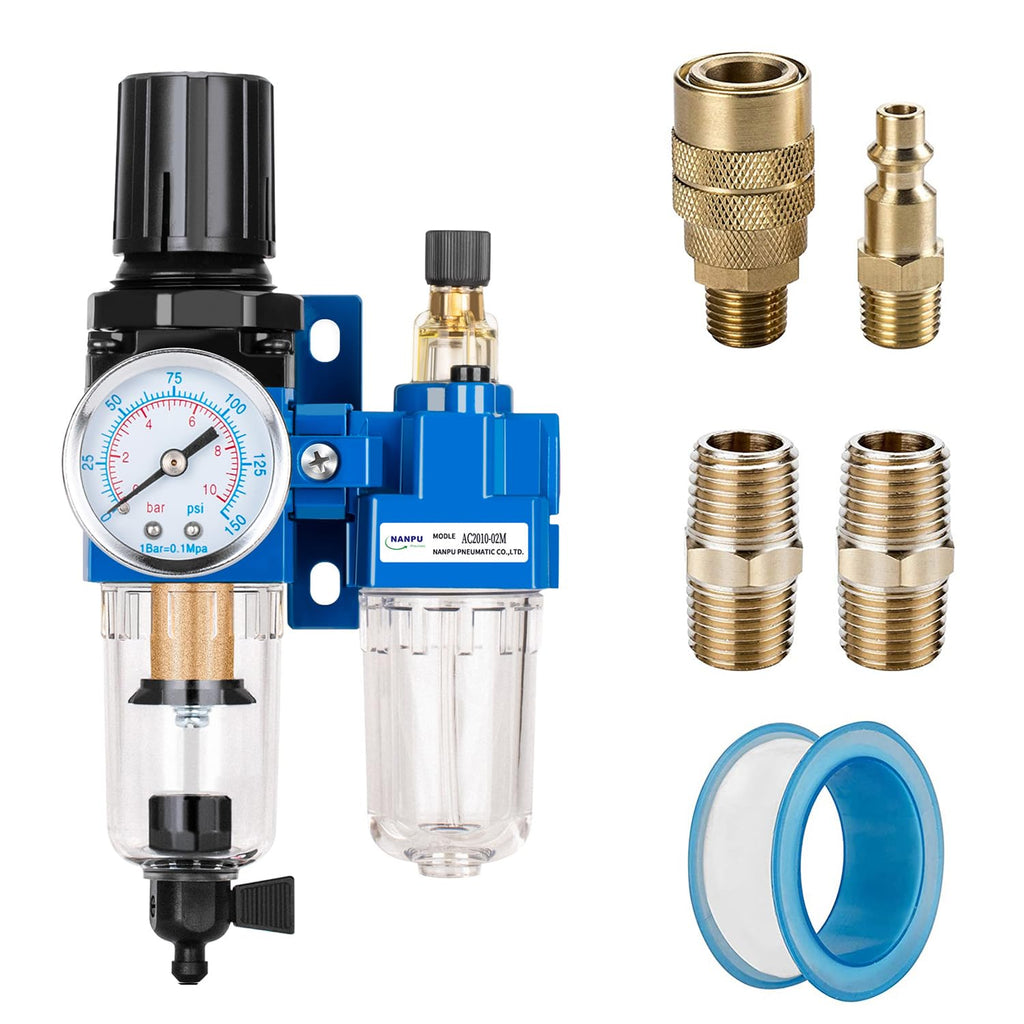 NANPU 1/4" NPT Air Filter Regulator Lubricator Combo, Manual Drain
