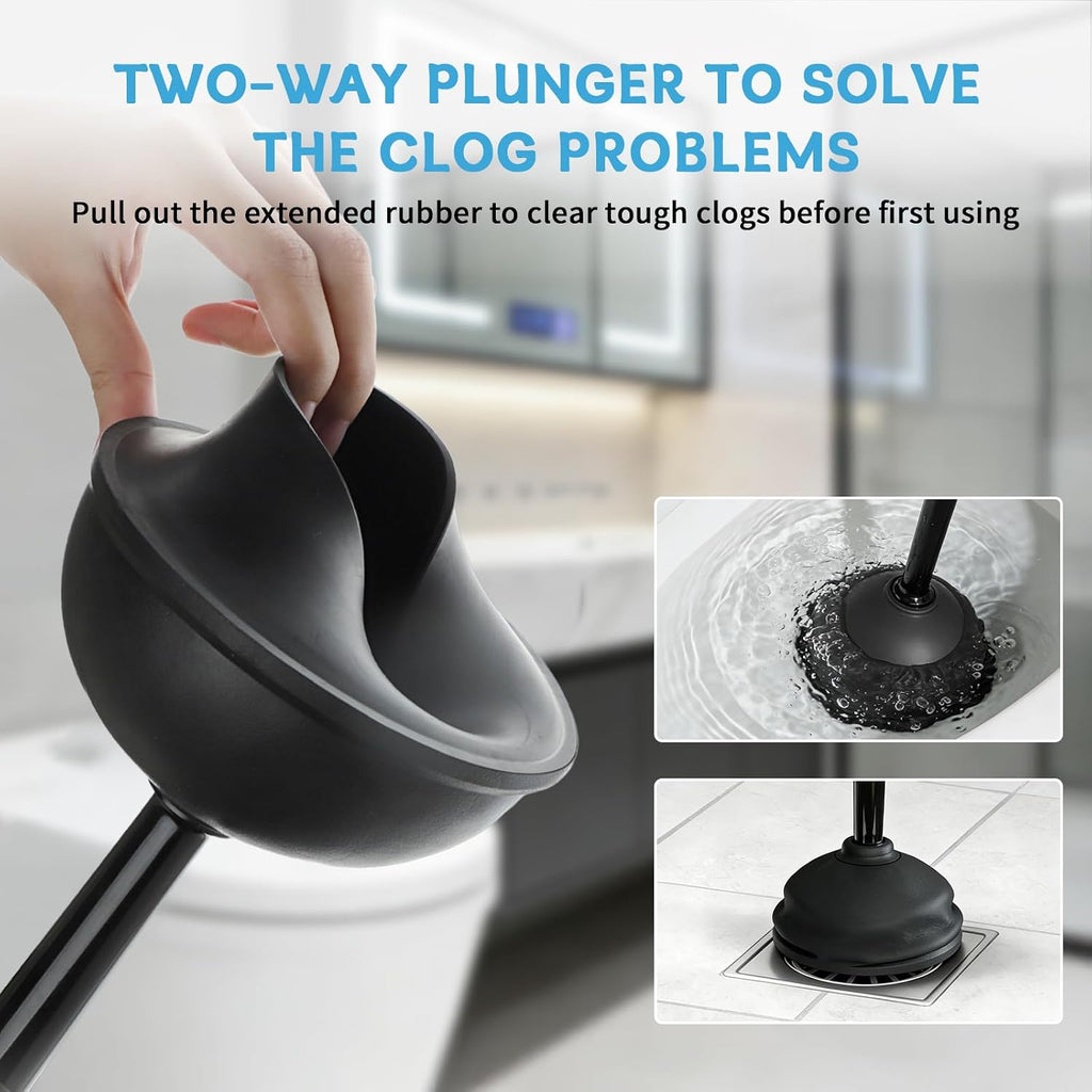 Toilet Brush and Plunger Set, Curved Head for Deep Cleaning, Black | Brush and Plunger set, Curved Nylon Bristles for