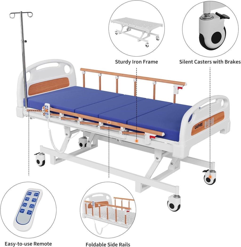 Electric Hospital Bed, 3 Function Medical Bed with Remote Control, Included IV Pole, 4" Foam Mattress & Locking