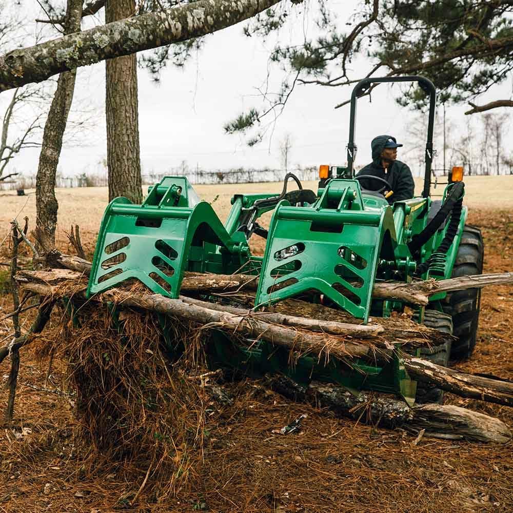 Grade 50 Standard Series Root Grapple Bucket Fits John Deere Hook and Pin, Dual Cylinder Hydraulic Design for