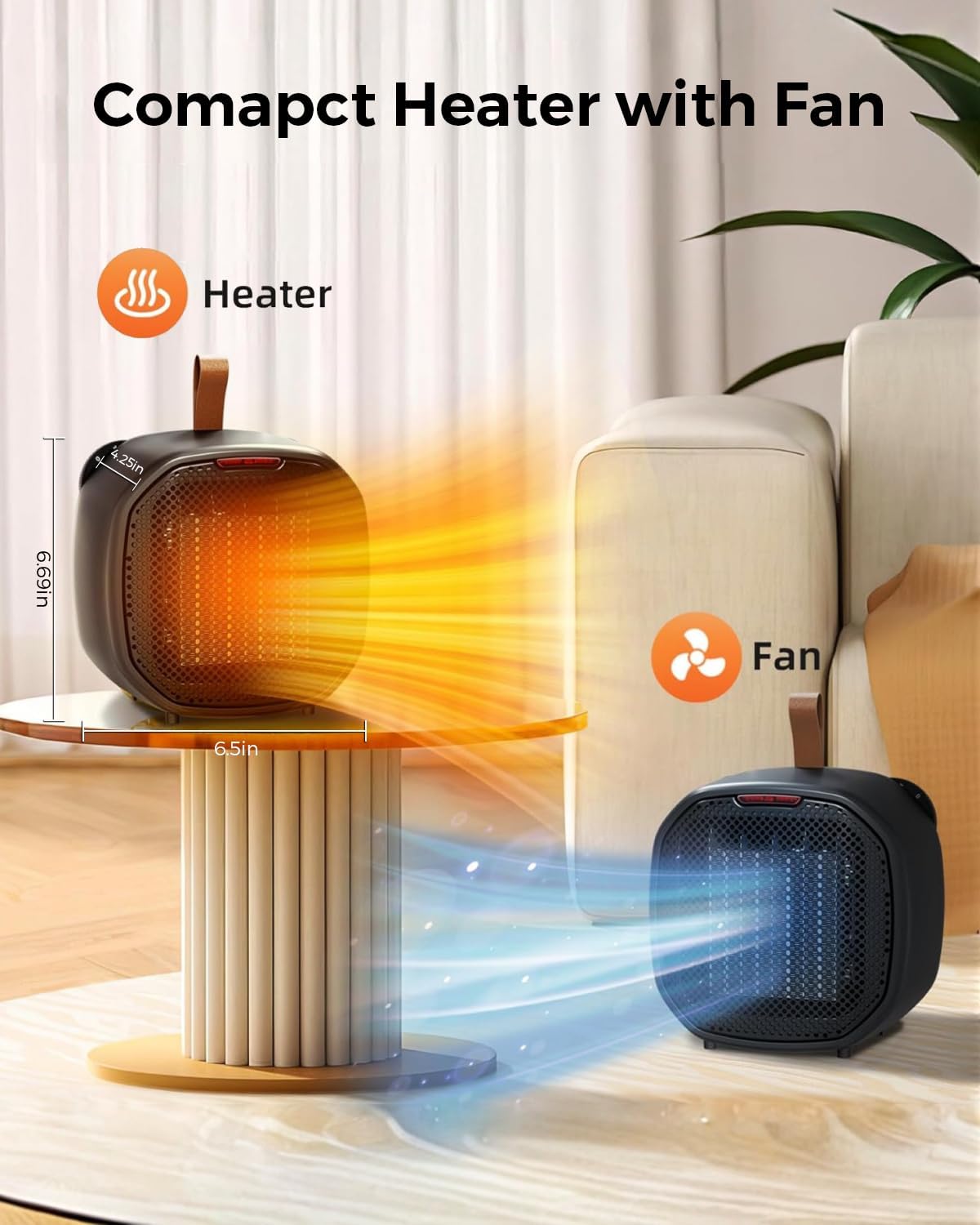 Portable Ceramic Space Heater w/Thermostat, 1500W Indoor Electric Space Heater Fan with Overheat and Tip-Over