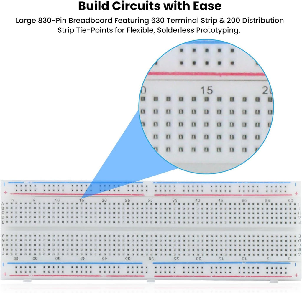 380 PCS Electronics Starter Kit with 830-Point Breadboard, USB Power Supply Module, Breadboard Kit Compatible with Arduino, ESP32, Raspberry Pi & STM32
