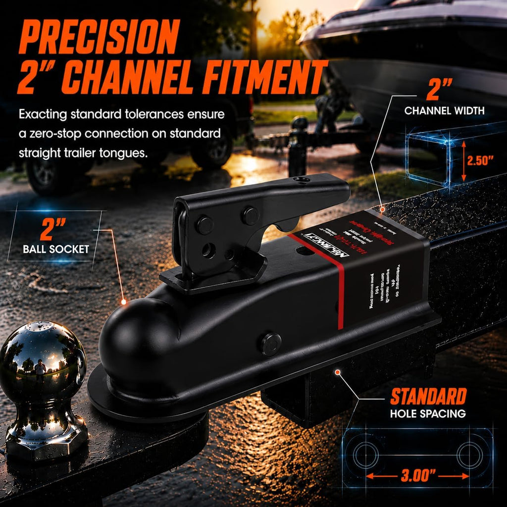 Straight Trailer Coupler for 2" Ball and 2" Channel Tongue, 3500 lbs Gross Weight Capacity, E-Coated Black Steel for