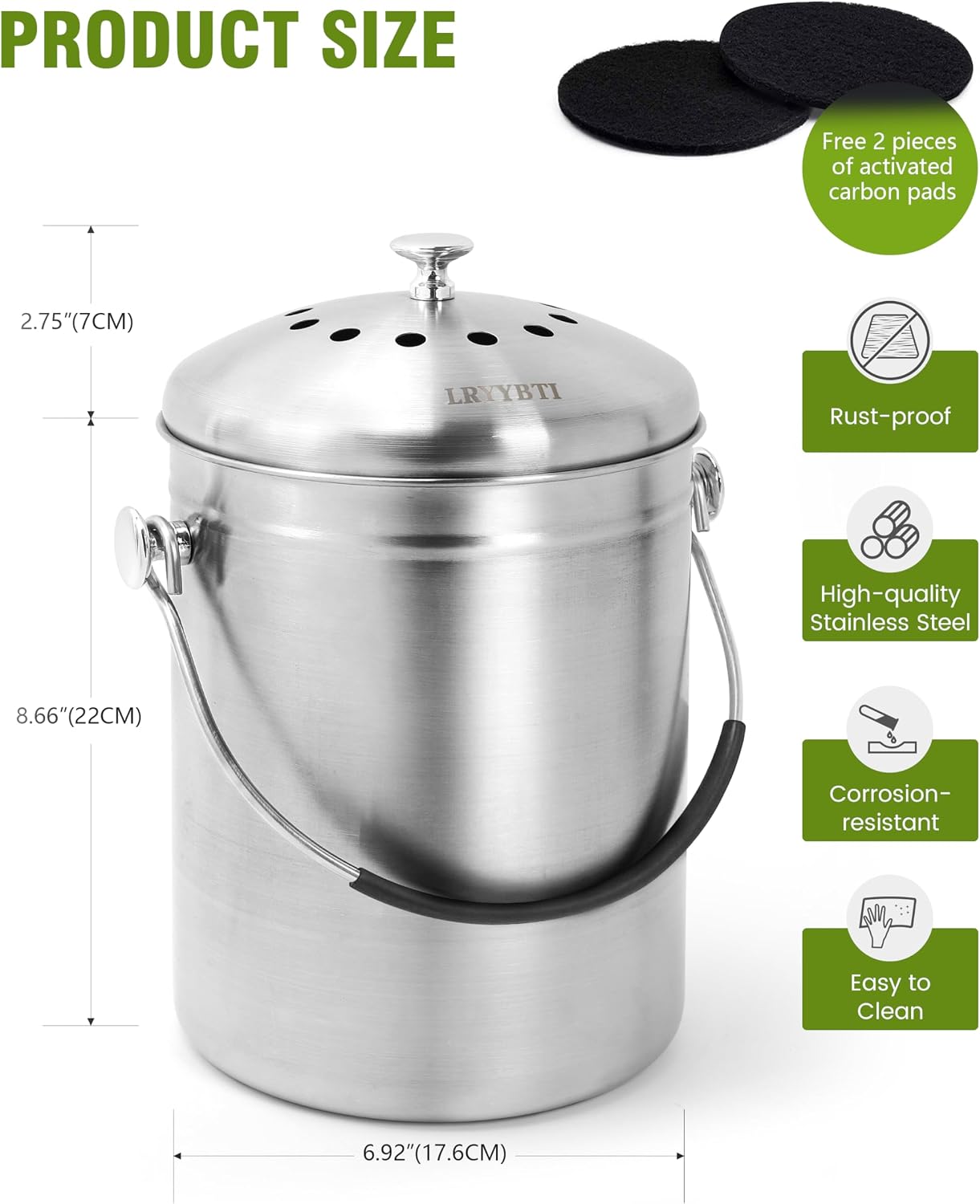 Countertop Compost Bin Kitchen Stainless Steel 1.3 Gallon | With Lid, 2 Charcoal Filter for Odorless Composting