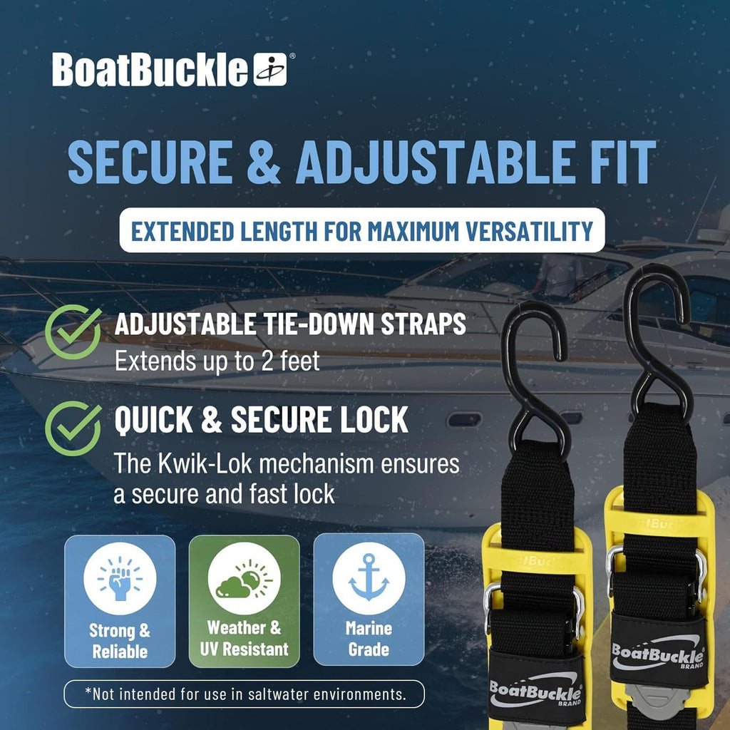 BoatBuckle Pro Series Kwik-Lok Transom Tie Down Straps, 2 x 2 ft, 2-Pack