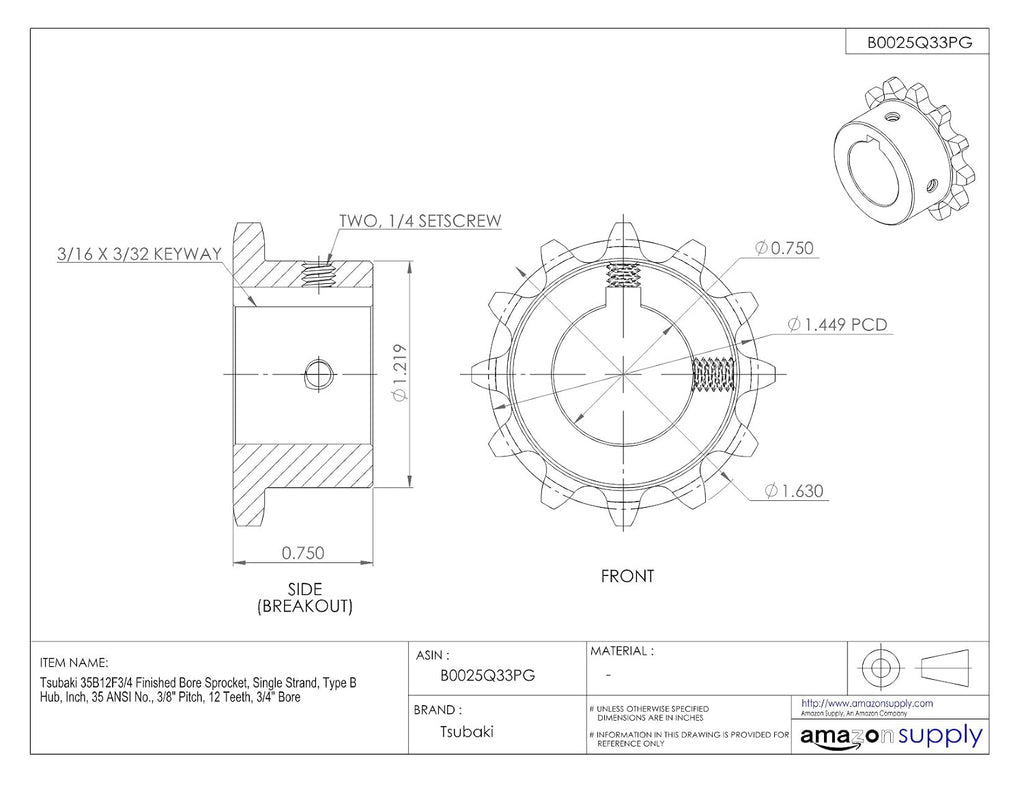 TSUBAKI - H35B12FL Tsubaki 35B12FL Finished Bore Sprocket, Single Strand, Inch, #35 ANSI No., 3/8" Pitch, 12 Teeth, 3/4" Bore