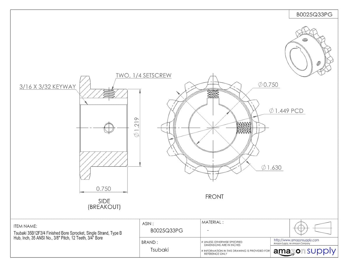 TSUBAKI - H35B12FL Tsubaki 35B12FL Finished Bore Sprocket, Single Strand, Inch, #35 ANSI No., 3/8" Pitch, 12 Teeth, 3/4" Bore