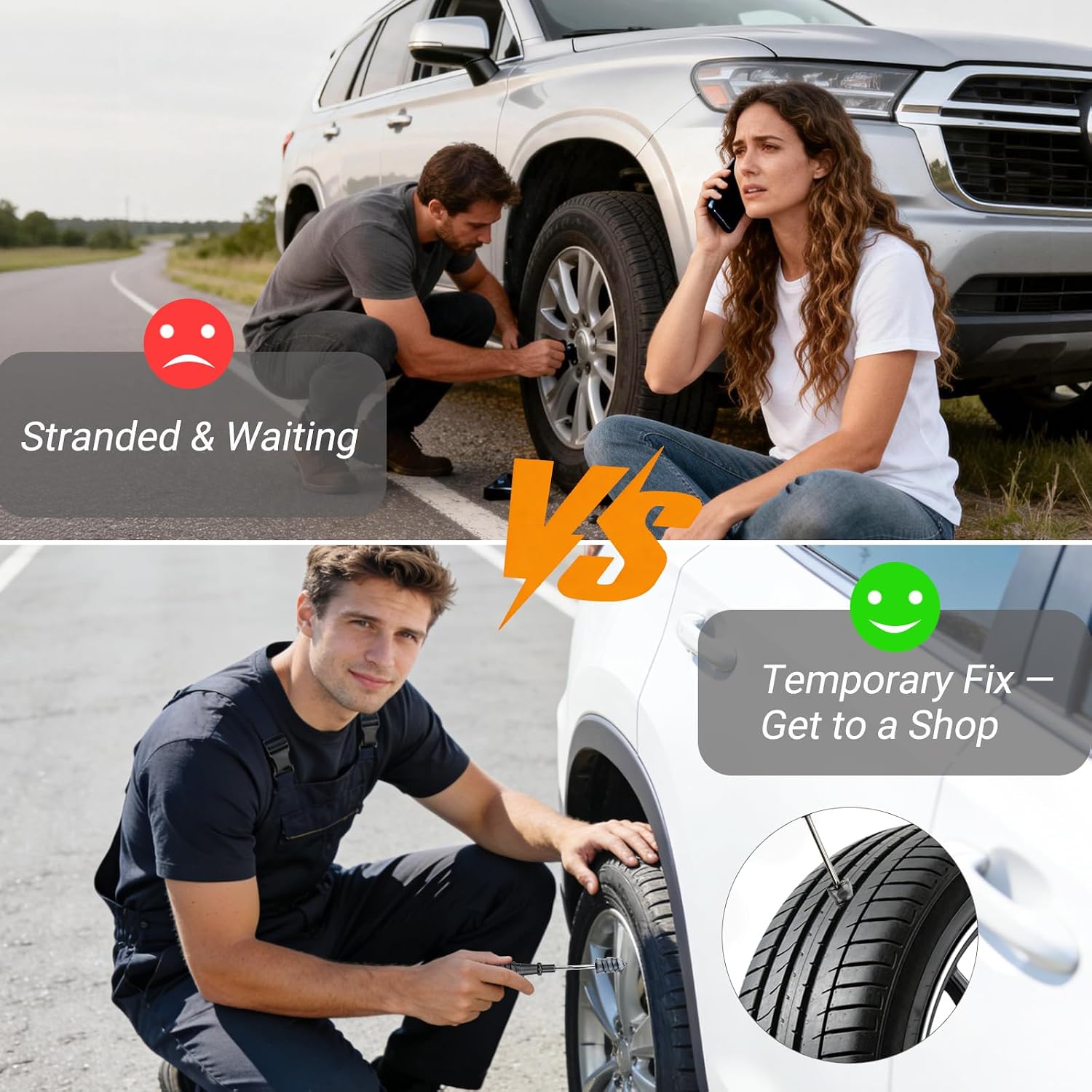 Tire Repair Rubber Nail Kit, Premium Spiral Screw-in Tire Plugs with 2 Sizes, Emergency Roadside Flat Tire Fix Tool