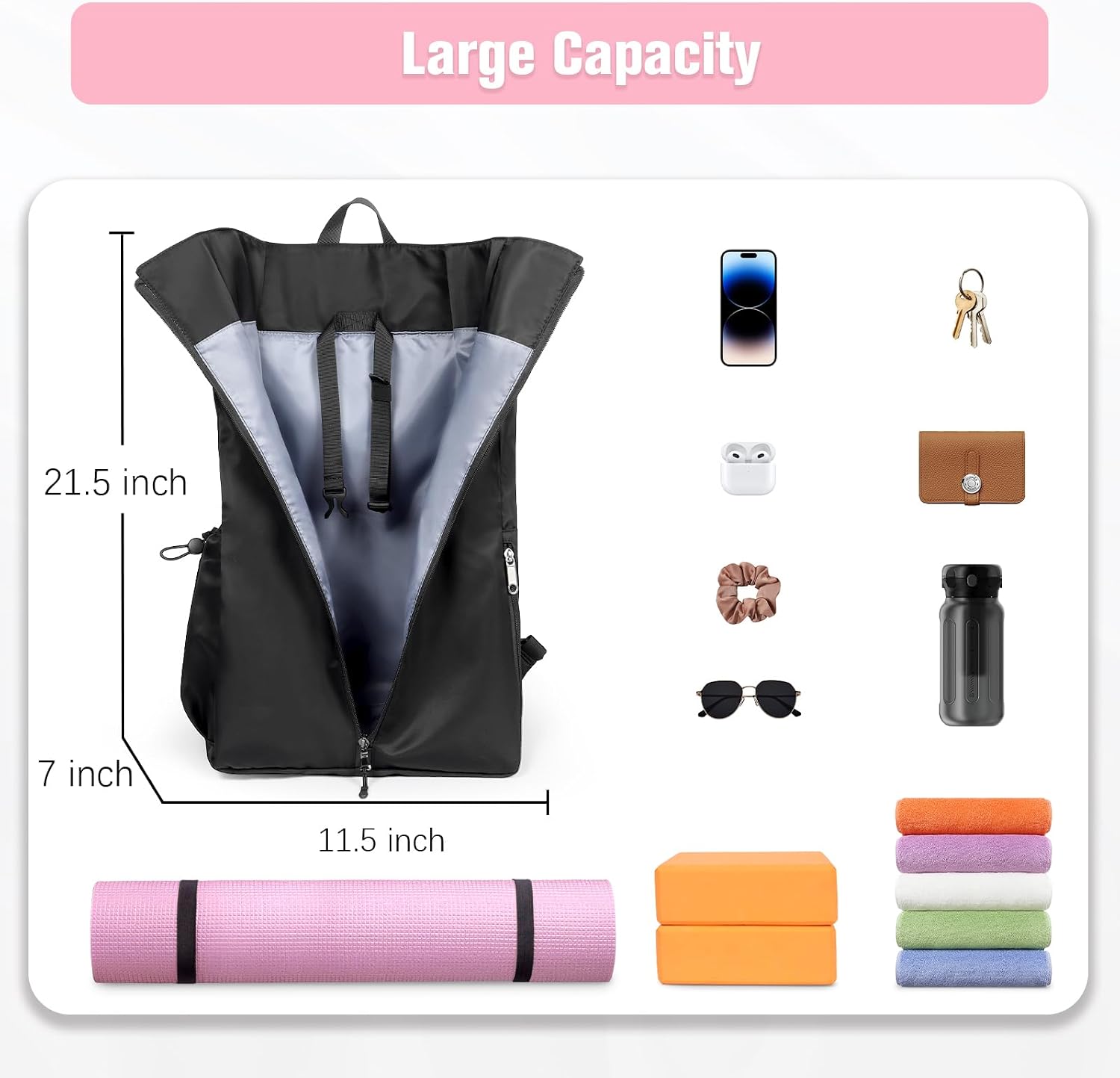 Yoga Mat Bag, Adjustable Yogamat Blocks Carrier with Backpack Straps and Side Pockets, Top-Opening Yoga Backpack for