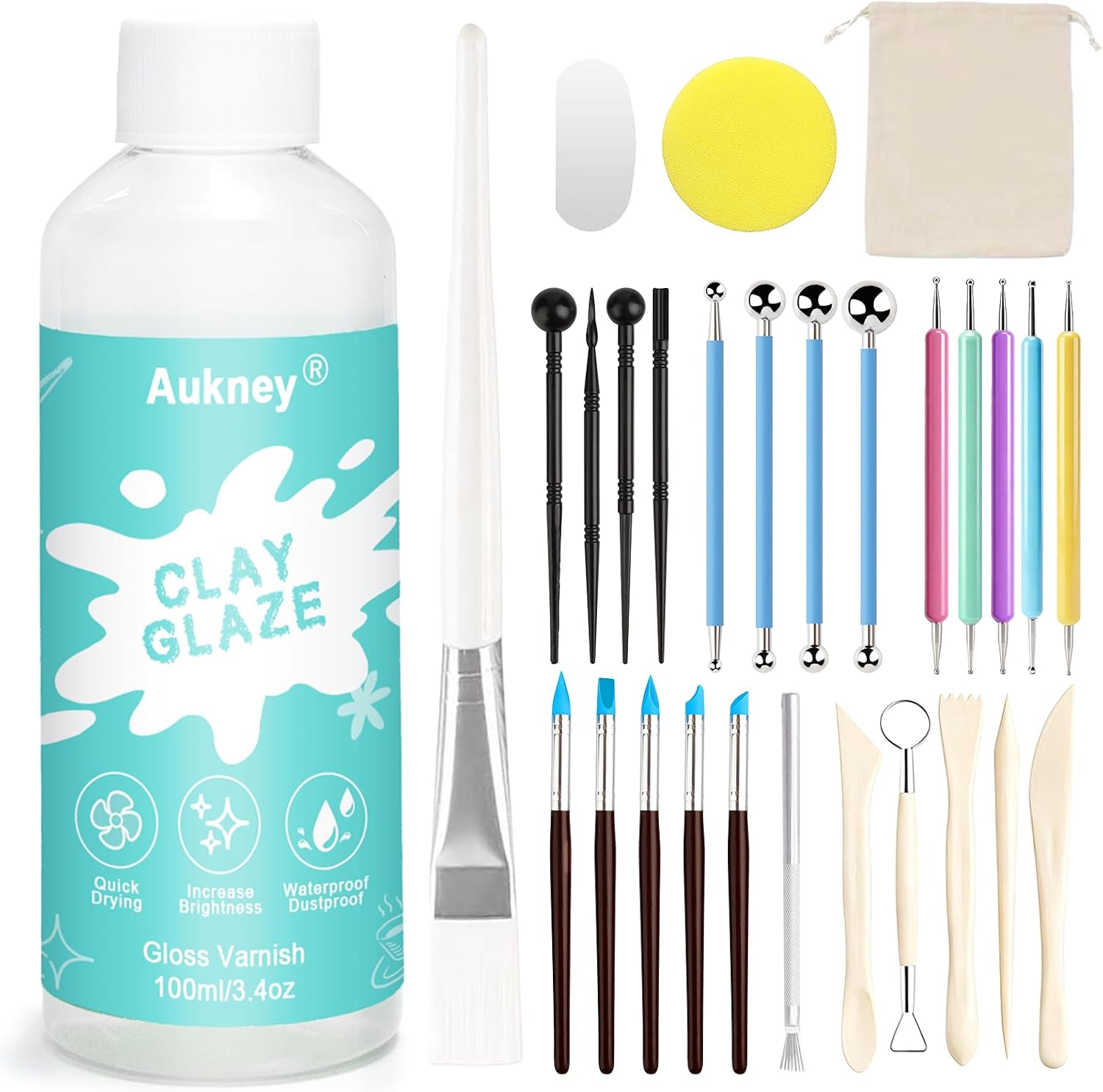 100ML Air Dry Clay Varnish and 29pcs Tool Kit, High Gloss Air Dry Clay Glaze, Sealant, Prevent Clay from Cracking