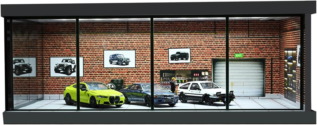 1/64 Diorama Garage Model LED Lighting Showroom Parking Lot Display Case | 5 Parking Space, Acrylic Dust Door, Red