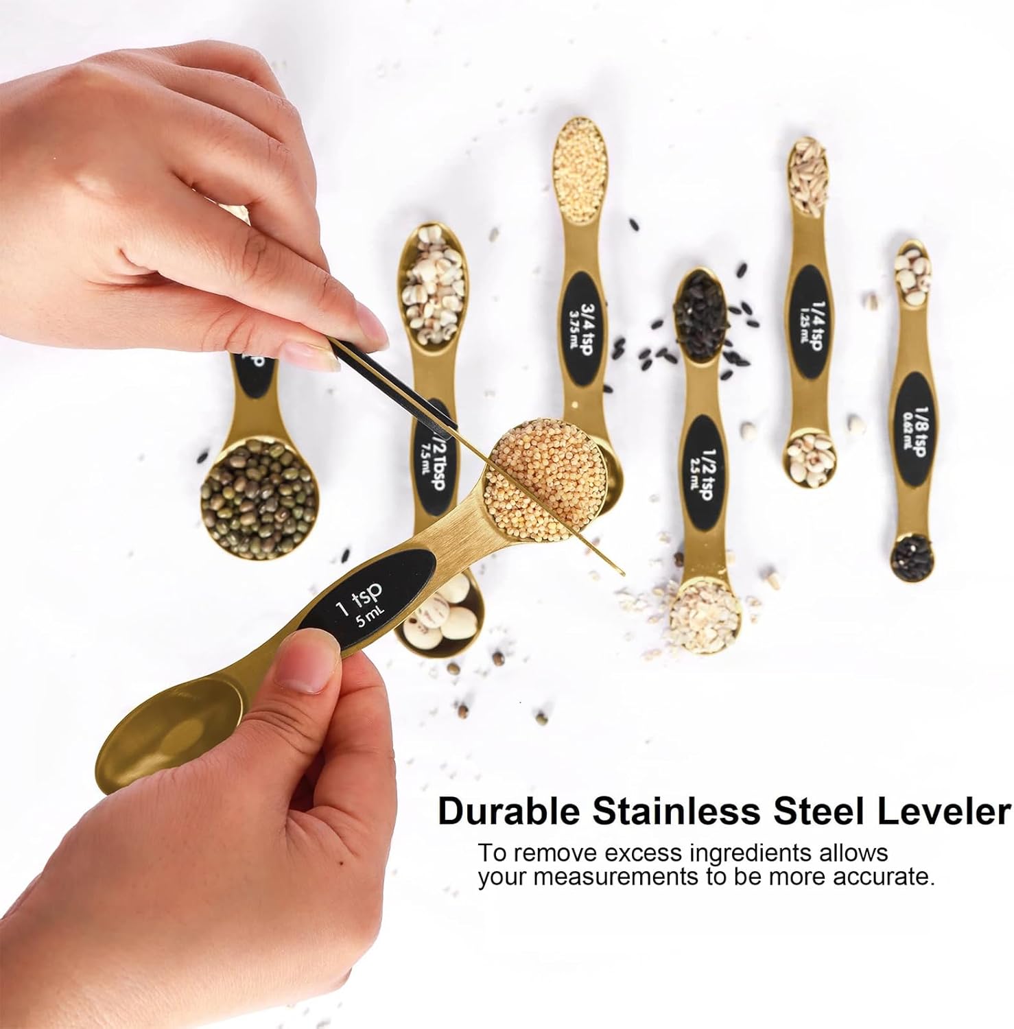 Magnetic Measuring Spoons Set Stainless Steel with Leveler, Stackable Metal Tablespoon Measure Spoon for Baking