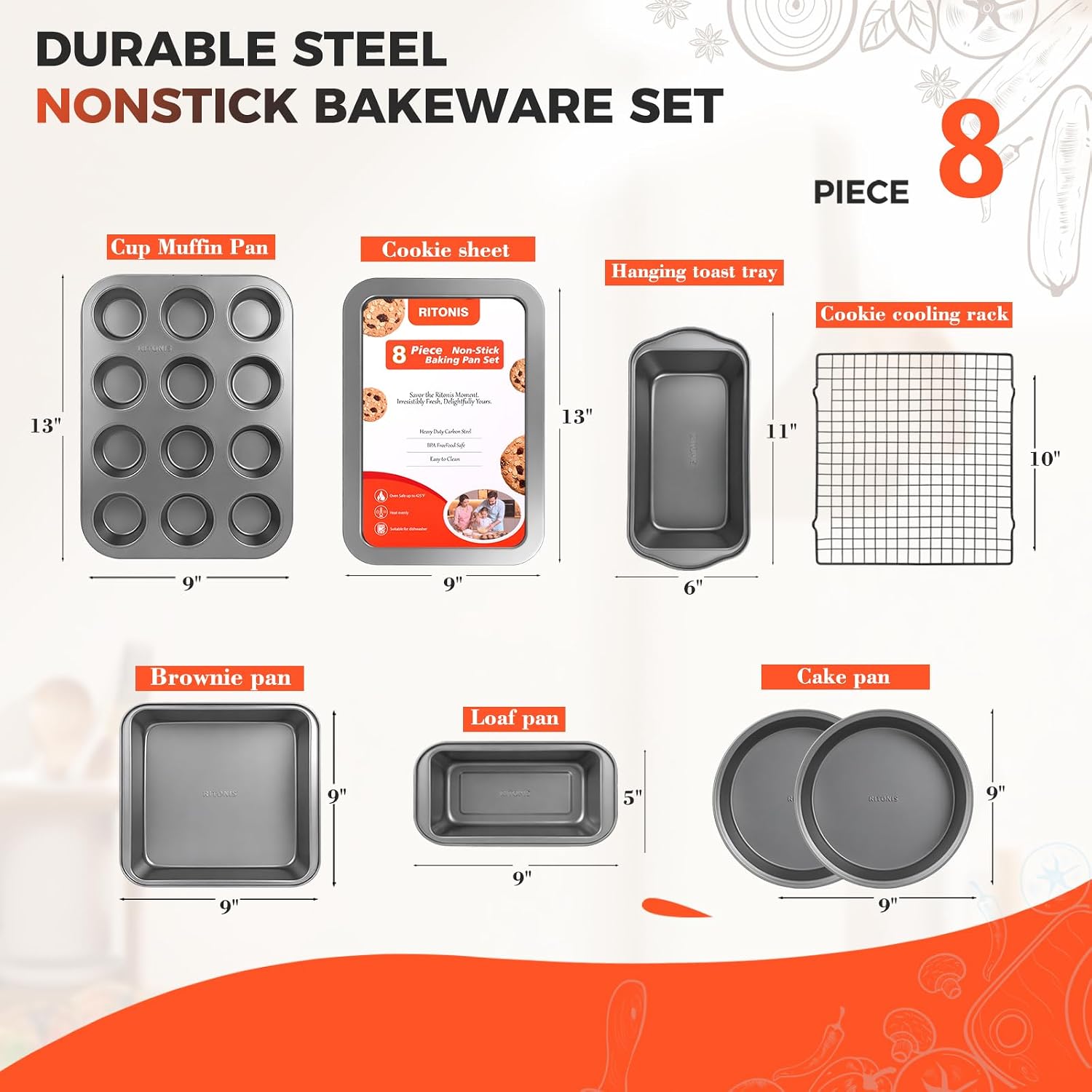 8-Piece Baking Pans Set, Non-stick Bakeware Sets Non-Toxic Baking Sheet Sets for Cooking, Include Round＆Square Cake
