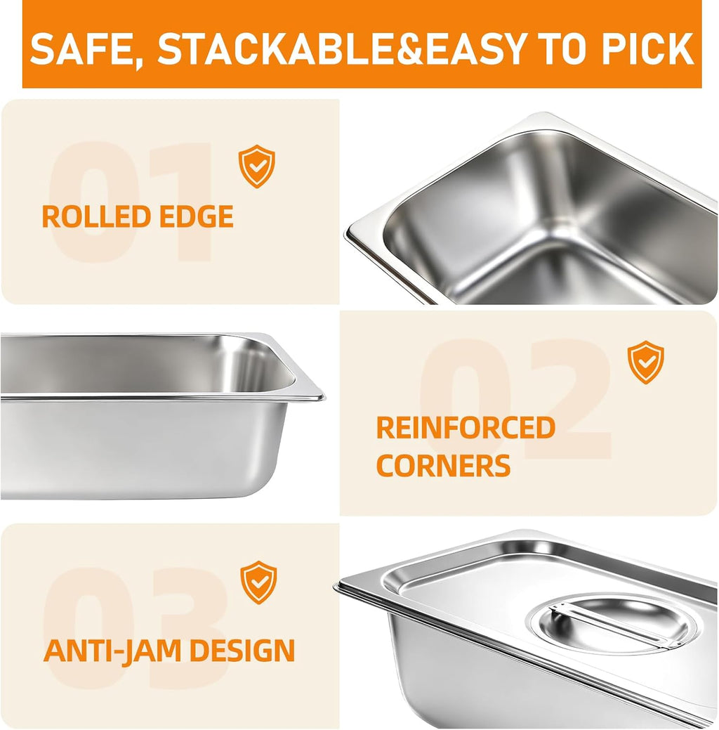 1/3 Size Hotel Pans with Lids, (6 PK) Stainless Steel Food Pans