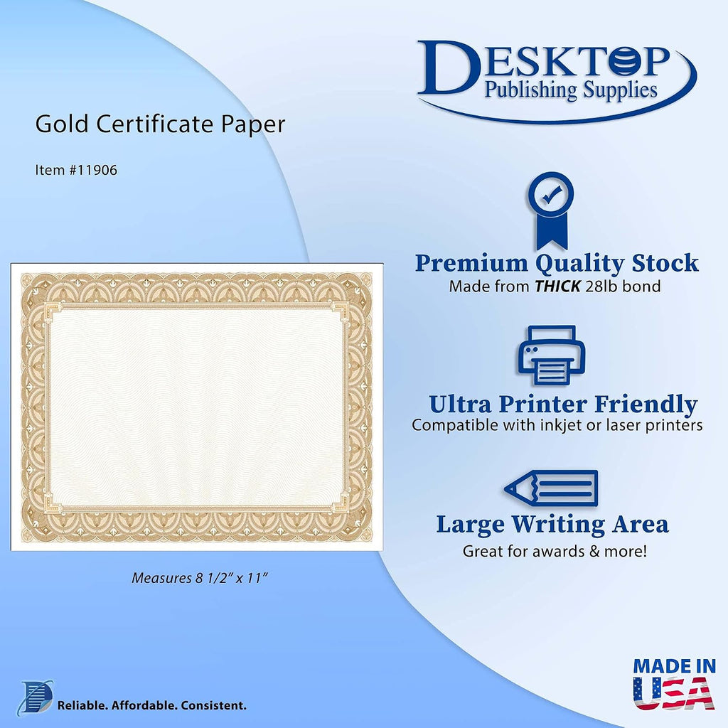 Gold Border Blank Certificate Paper - 500 Sheets 8.5" x 11" 28lb Bond - Gold Wave Design Bulk Certificate Paper for
