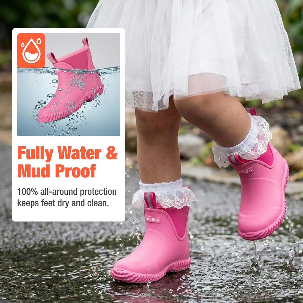 Kids Neoprene Rubber Rain Boots, Insulated Ankle Mud Boots with Self-Cleaning Non-Slip Sole, Breathable