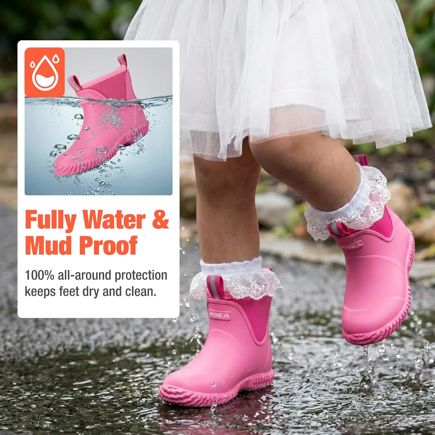 Kids Neoprene Rubber Rain Boots, Insulated Ankle Mud Boots with Self-Cleaning Non-Slip Sole, Breathable