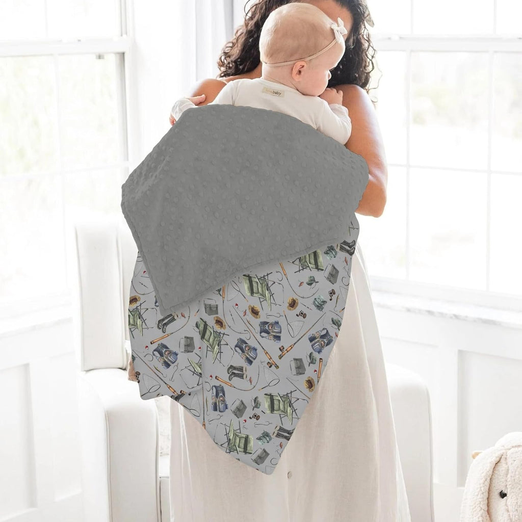 Retro Gray Fishing Gear Baby Blankets for Girl Boy Trout Fishes Soft Mink Dotted Backing Double Layer Swaddle