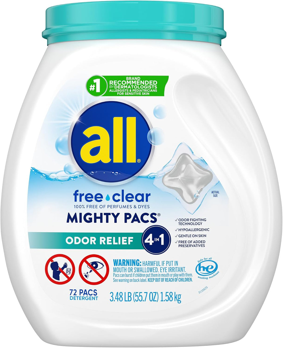 Laundry Detergent Pacs for Sensitive Skin, Odor Relief, 72 Count