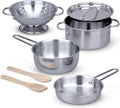 Melissa & Doug Stainless Steel Pots & Pans, 8 Piece Play Kitchen Set, Premium Play Kitchen Accessories & Cooking