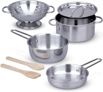 Melissa & Doug Stainless Steel Pots & Pans, 8 Piece Play Kitchen Set, Premium Play Kitchen Accessories & Cooking