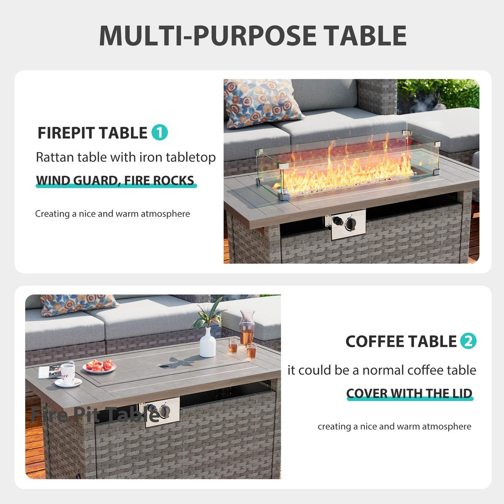 44" Fire Pit Table with Wind Guard for Outdoor, Auto-Ignition Propane Gas Firepits Rattan Rectangular Table for