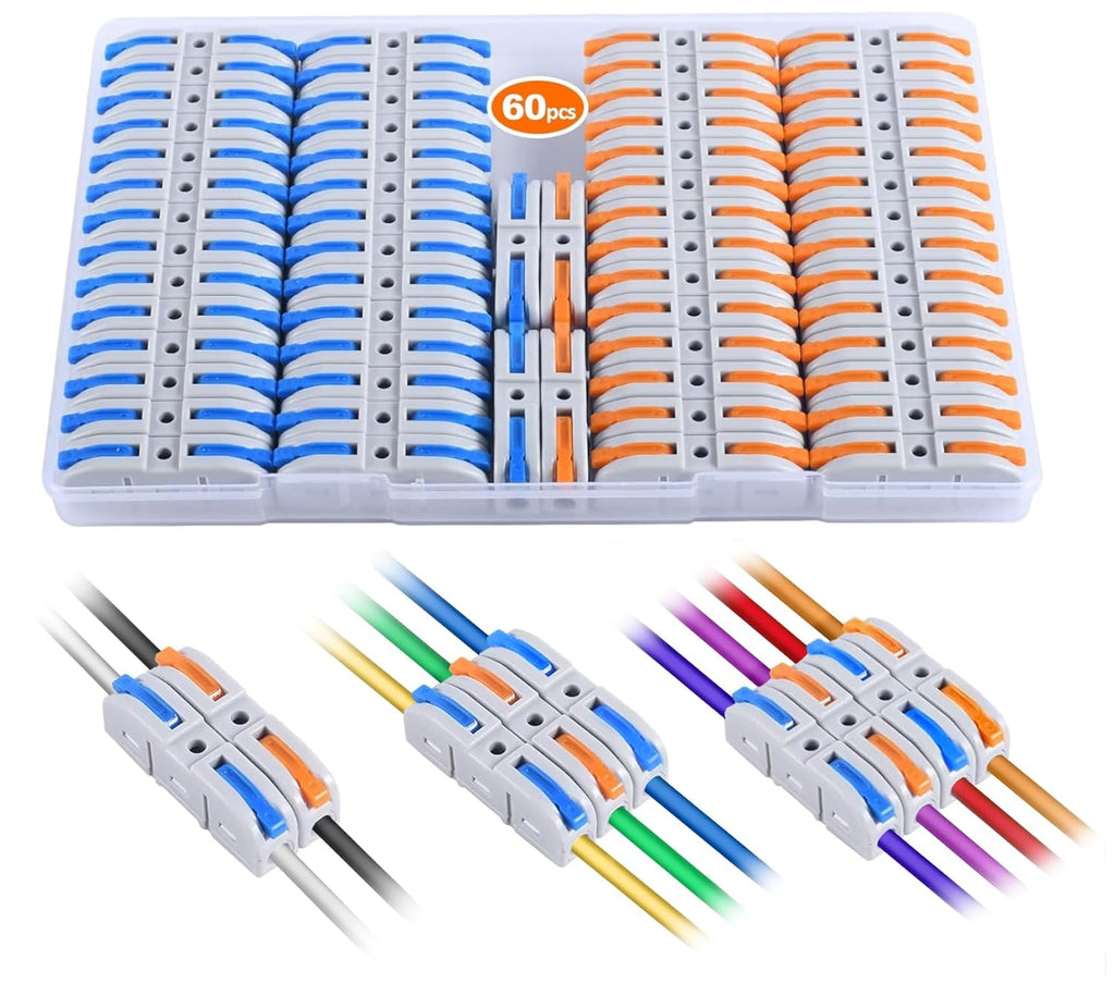 Lever Wire Connectors, HTCELLE 60-Piece Quick Connect Electrical Splicing Kit for Compact Inline Terminals - 28-12