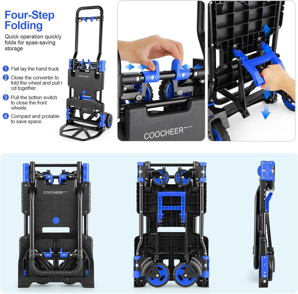 Folding Hand Truck Dolly, 330lb Convertible 4 to 2 Wheel Moving Cart, Blue | Dolly Cart with Retractable, Aluminum
