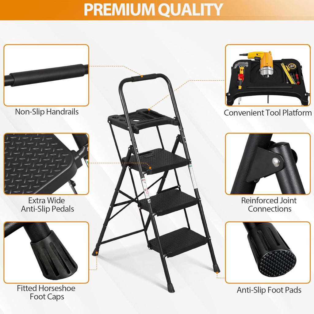 3 Step Ladder, Folding Step Stool for Adults, Portable Steel Ladder with Tool Platform, Wide Anti-Slip Pedal, Safety