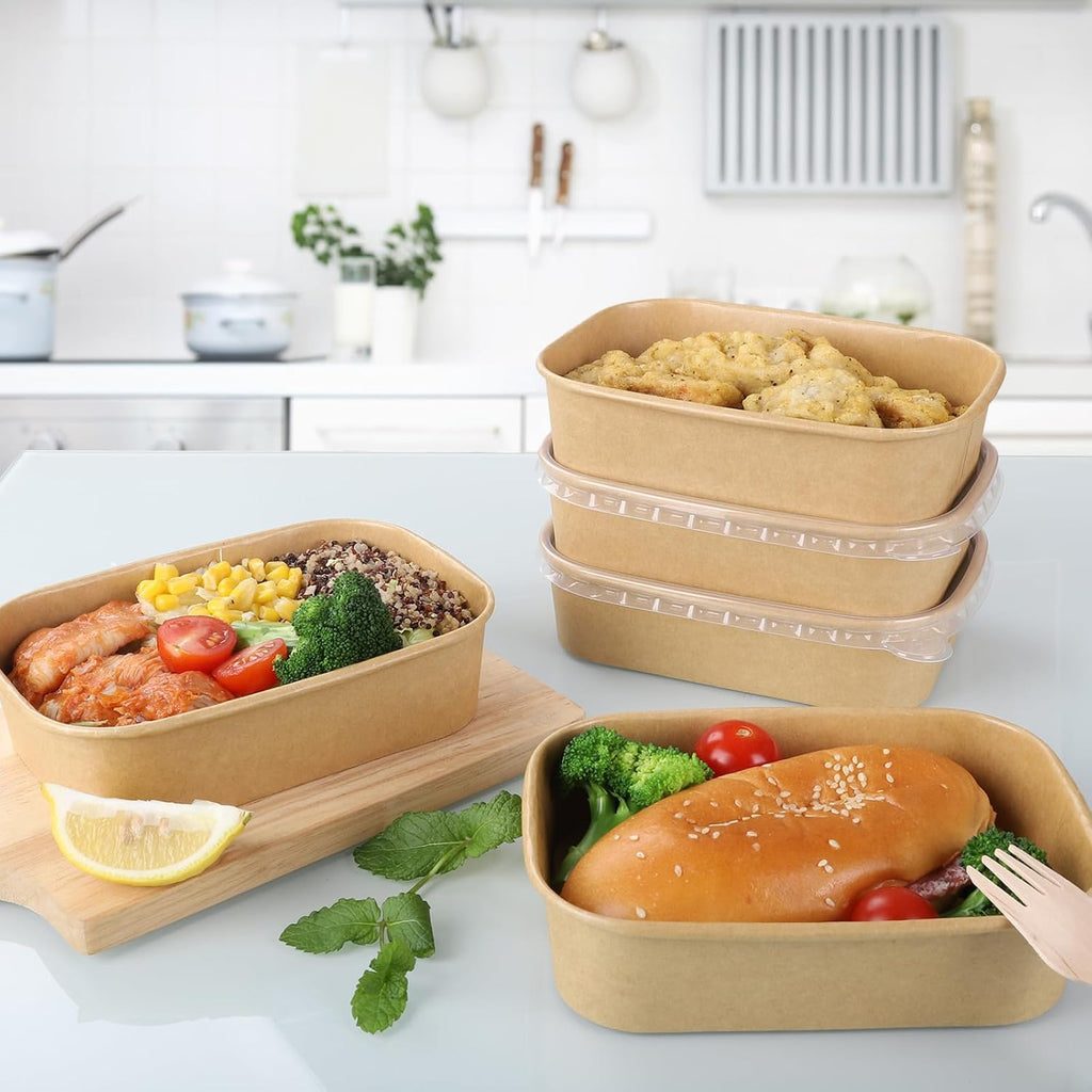 50 Sets 17oz Disposable Kraft Paper Bowls with Lids, Rectangle