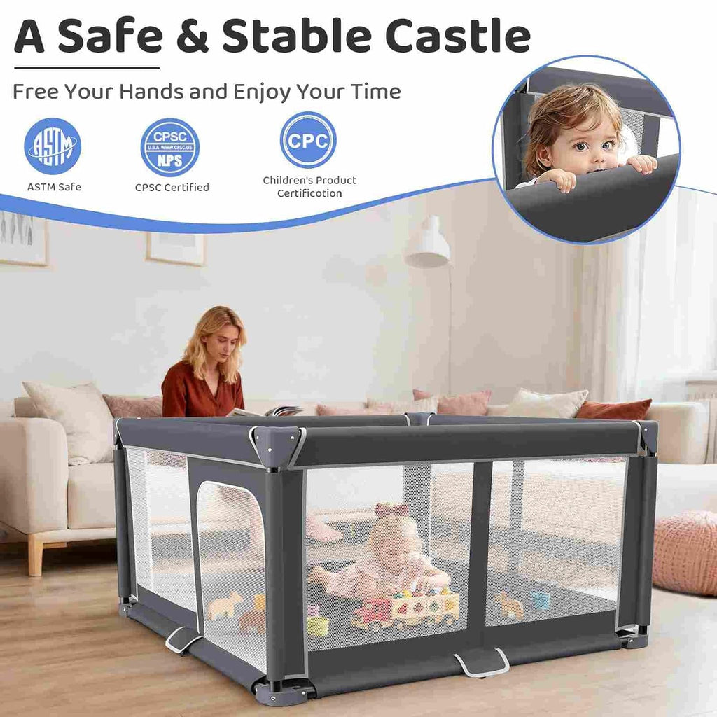 Foldable Baby Playpen Portable Travel Play Yard, Dark Gray | Safety Play Yard for Babies & Toddlers, Indoor & Outdoor