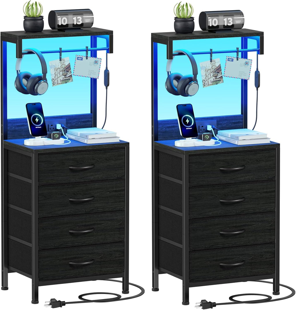 Nightstands Set of 2, 38" Tall Bedside Table with Charging Station | Charging Station & RGB LED Lights, 4 Fabric