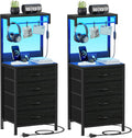 Nightstands Set of 2, 38" Tall Bedside Table with Charging Station | Charging Station & RGB LED Lights, 4 Fabric
