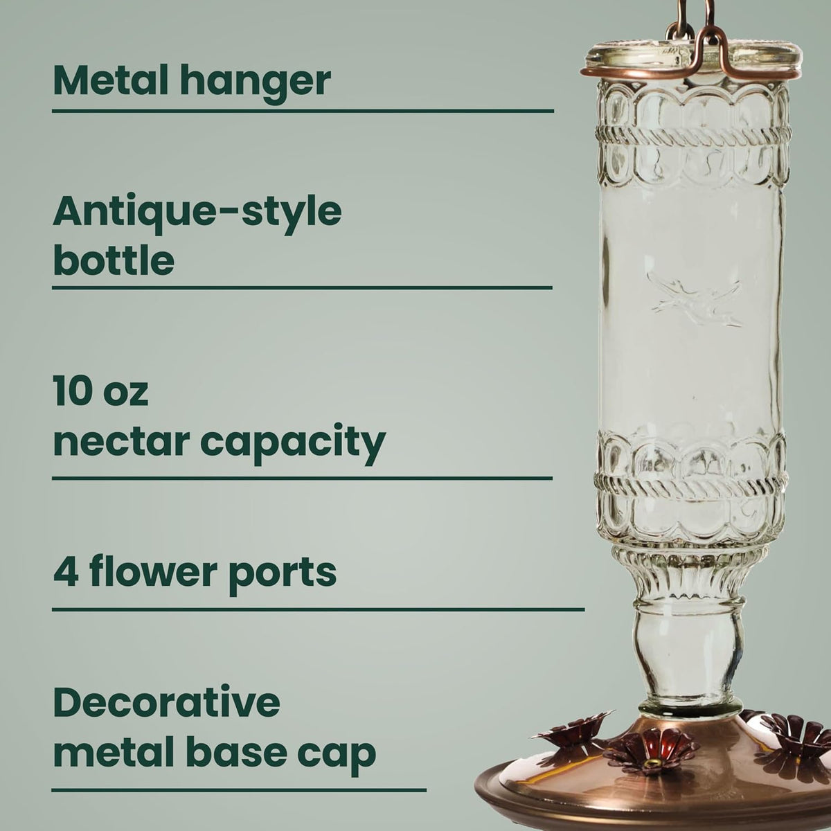 Antique Glass Bottle Hummingbird Feeder - Outdoor Garden Décor Hummingbird Feeder - 8107-1SR - 10 Fl Oz Nectar