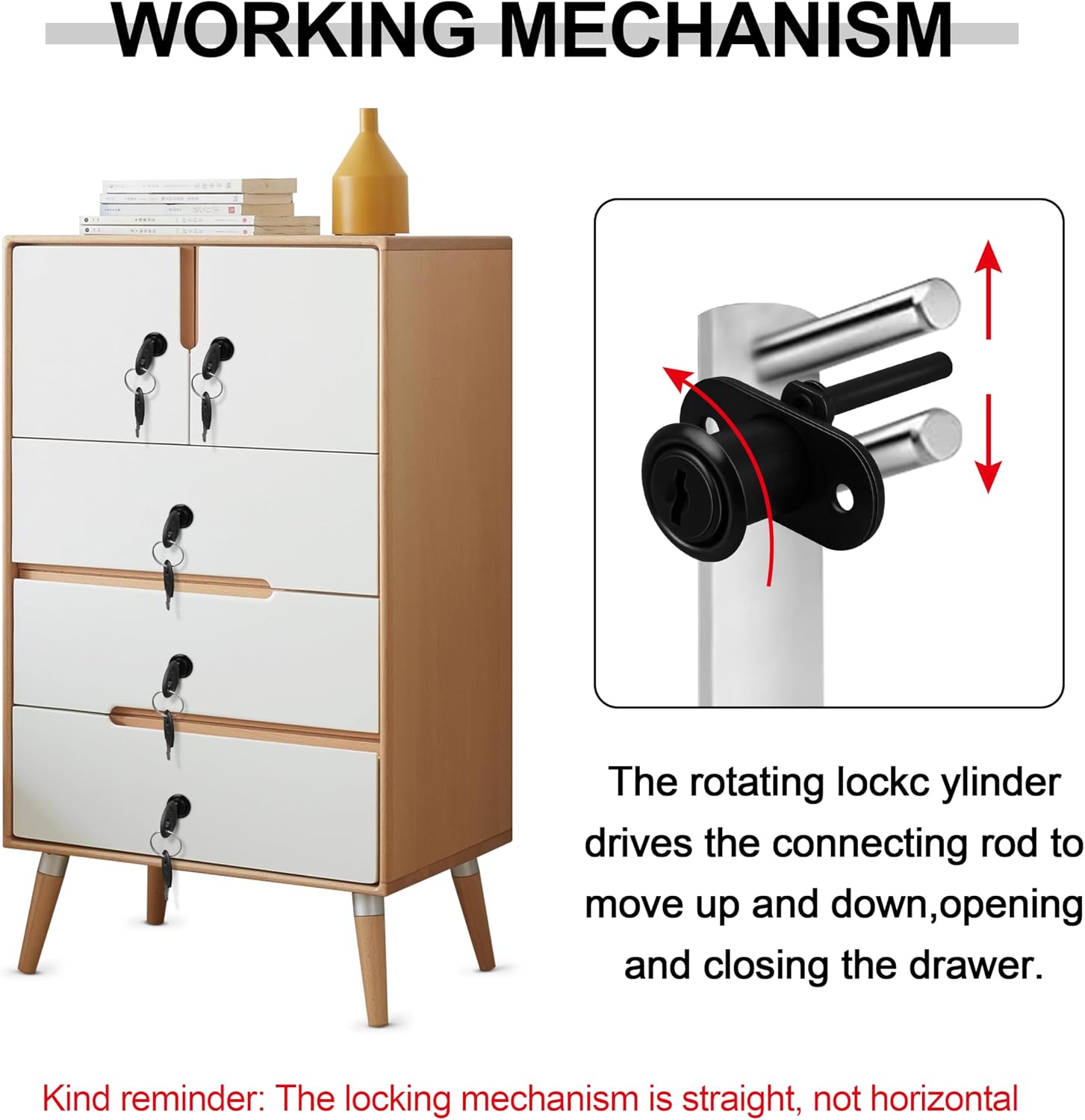 Drawer Lock Cabinet Lock with Keys,Zinc Alloy,Keyed Different,Black,4 Sets | Cylinder Diameter 16mm,Locking Rod