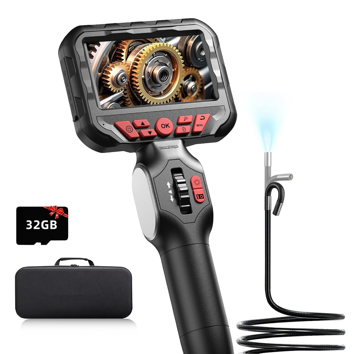 2-Way Articulating Borescope w/Light,0.24in Probe Endoscope for Auto Engine