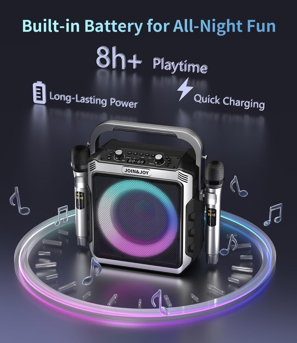 Portable Karaoke Machine, with 2 Wireless Microphones & LED Lights | Bluetooth Party Speaker with Loud Subwoofer