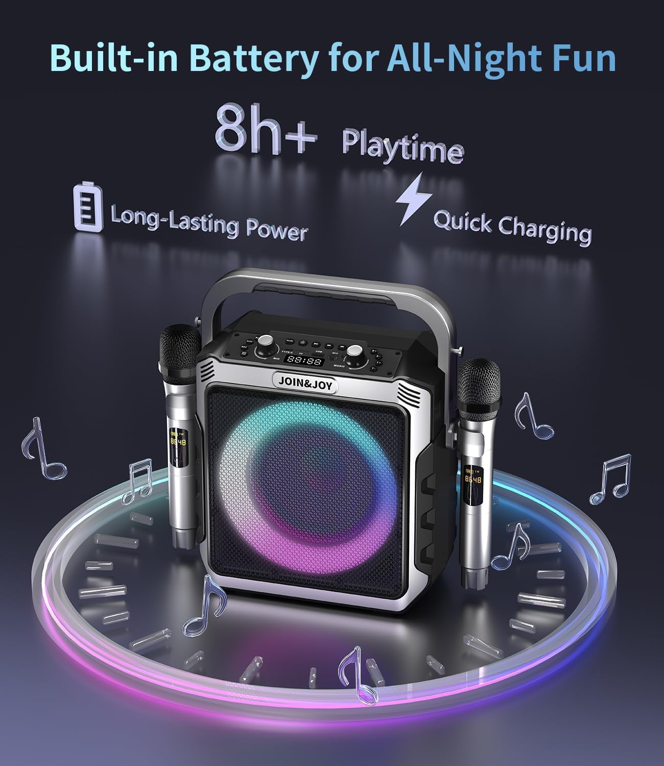 Portable Karaoke Machine, with 2 Wireless Microphones & LED Lights | Bluetooth Party Speaker with Loud Subwoofer