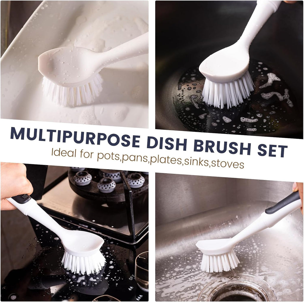 Dish Brush with Handle, Dish Scrub Brush with Built-in Scraper