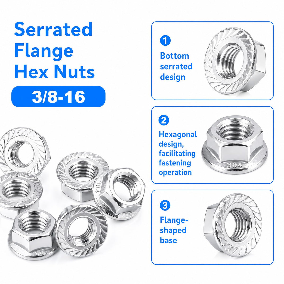 3/8-16 Serrated Flange Hex Lock Nuts, 3/8" Flange Nuts, 10PCS