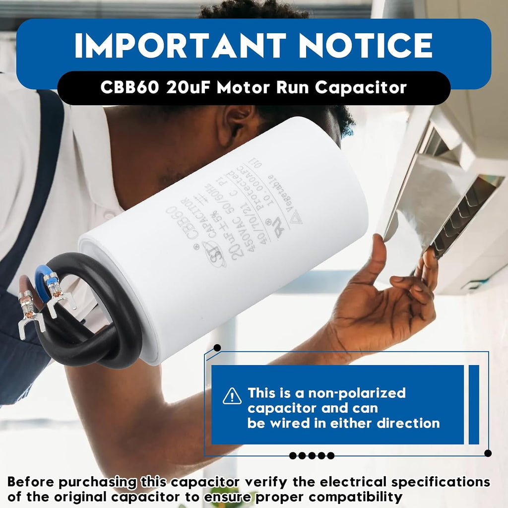 CBB60 20uF Motor Run Capacitor 450 VAC Volts Round Cylinder 2 Leads