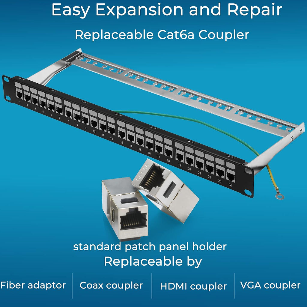 Patch Panel 24 Port Cat6A with Inline Keystone 10G Support, Coupler Patch Panel STP Shielded 19-Inch with Removable